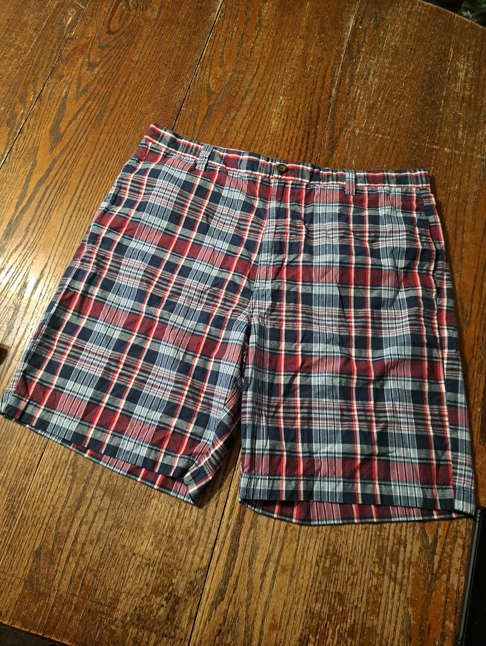 Waist 38" Chaps Red White Blue Plaid Cotton Mid Length Shorts Above The Knee
